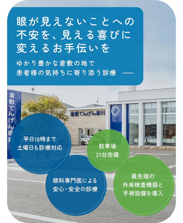 眼が見えないことへの不安を、見える喜びに変えるお手伝いを ゆかり豊かな倉敷の地で患者様の気持ちに寄り添う診療 平日18時まで土曜日も診療対応/眼科専門医による安心・安全の診療/駐車場21台完備/最先端の外来検査機器と手術設備を導入